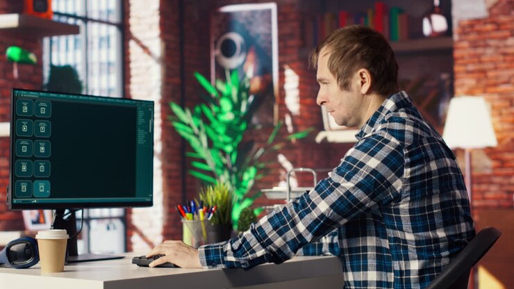 Man at home asking questions to AI LLM chatbot virtual assistant