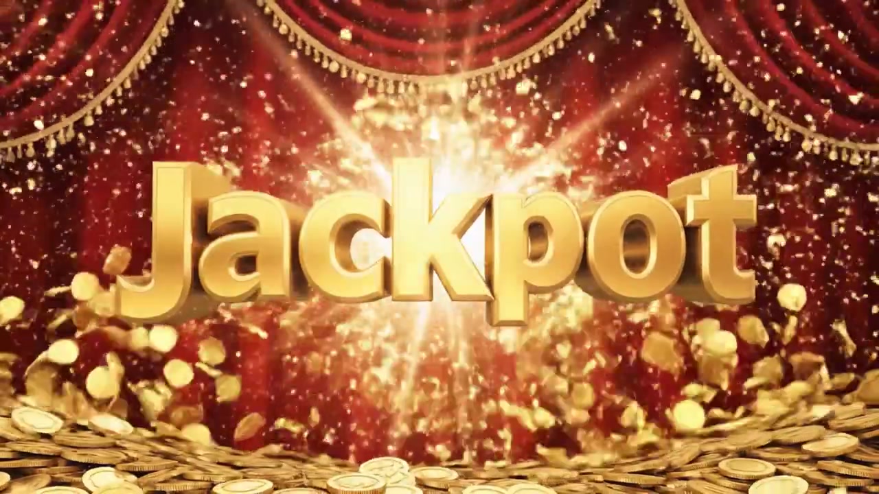 En fantastisk visuel repræsentation af en gylden jackpot, der afslører en overflod af mønter mod en baggrund af luksuriøse røde draperinger og glitrende lys