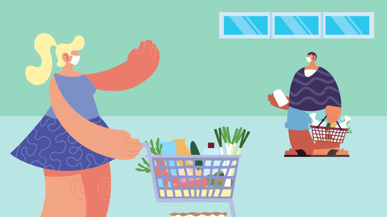 의료 마스크를 착용한 주부들이 사회적 거리를 지키며 코로나19에 대한 식료품을 구입하고 있습니다.