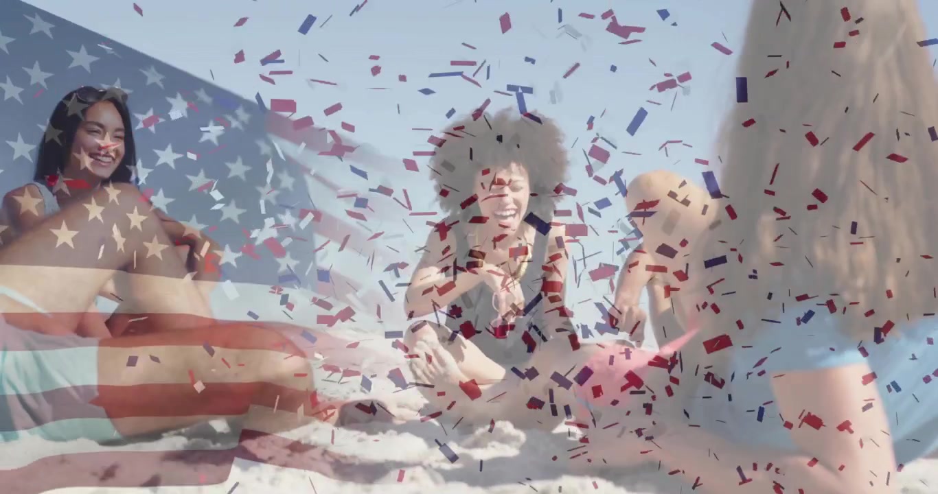 friends reacting to flag confetti overlay on beach, sharing smartphone surprise for marketing