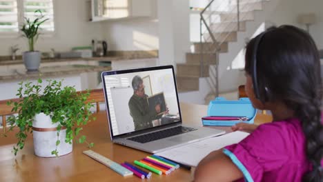 Afroamerikanisches-Mädchen-Hebt-Ihre-Hand,-Während-Sie-Zu-Hause-Einen-Videoanruf-Mit-Einem-Männlichen-Lehrer-Auf-Dem-Laptop-Führt