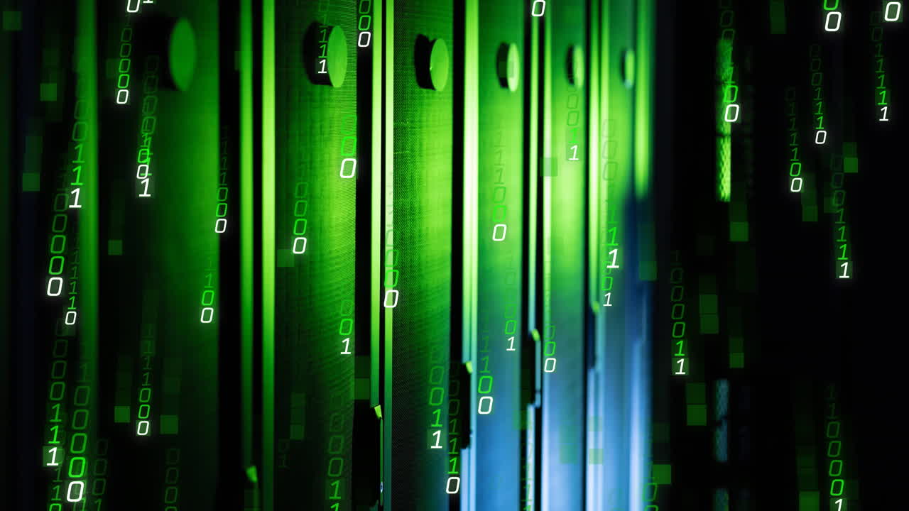 Animation of falling binary codes over sever racks in server room