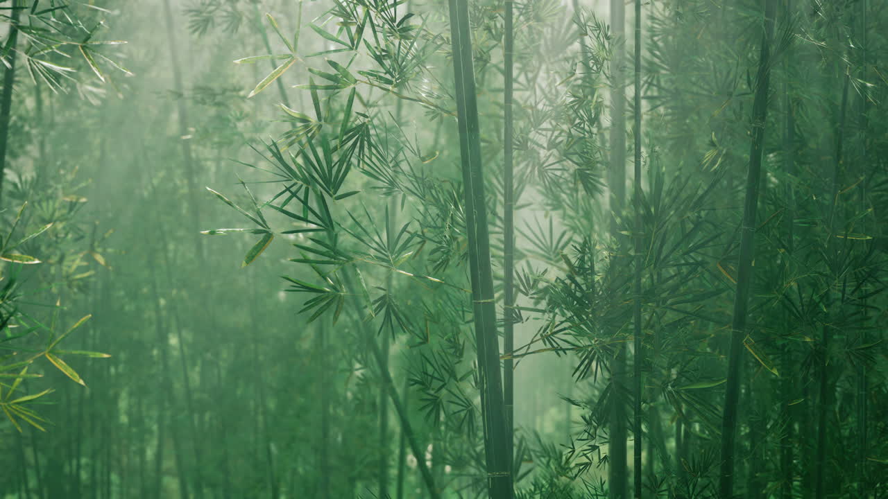 bambú verde en la niebla con tallos y hojas