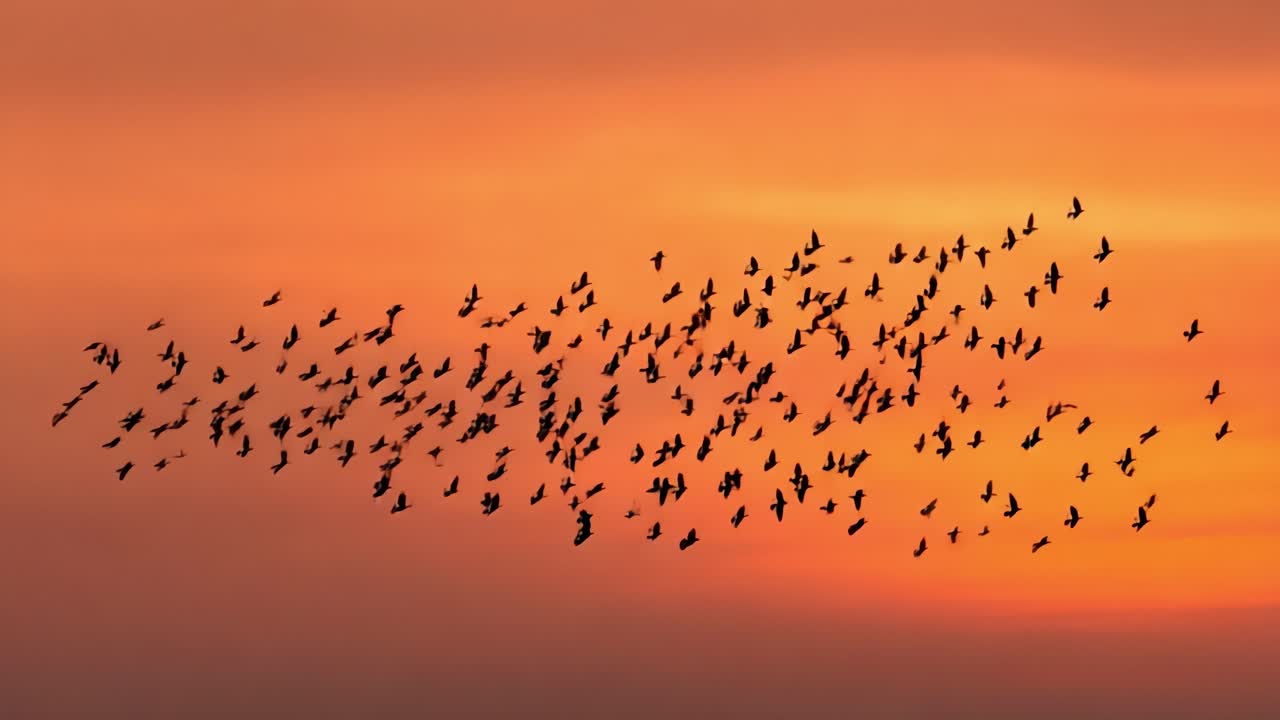 A mesmerizing spectacle of thousands of birds silhouetted against a breathtaking sunset sky, capturing the beauty of nature's migration and aerial dynamics in full display