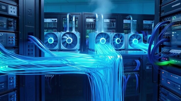 Data Center Server Racks with Glowing Fiber Optic Cables and Cooling Fans