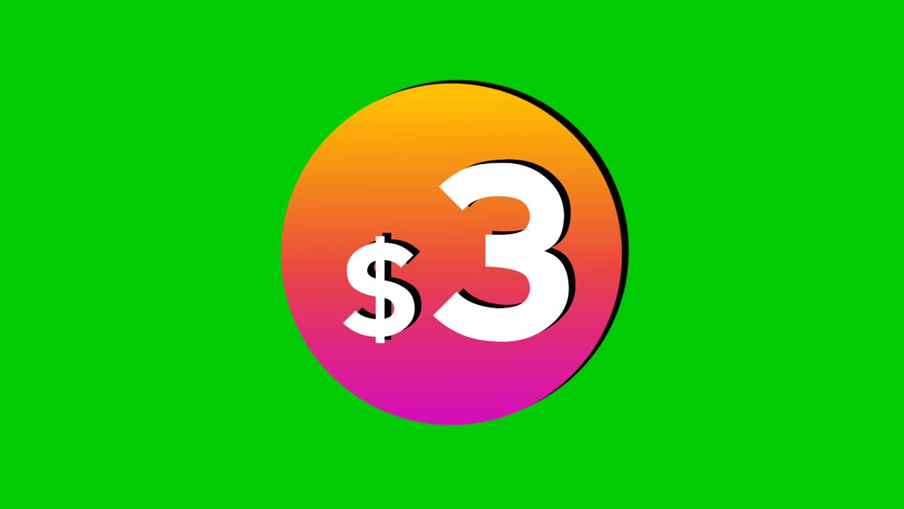 Animazione con etichetta prezzo di 3 dollari in grafica animata a cerchi colorati su sfondo green screen. Perfetto per annunci, e-commerce, vendita al dettaglio, sconti e come elemento video per concetti di business promozionali.