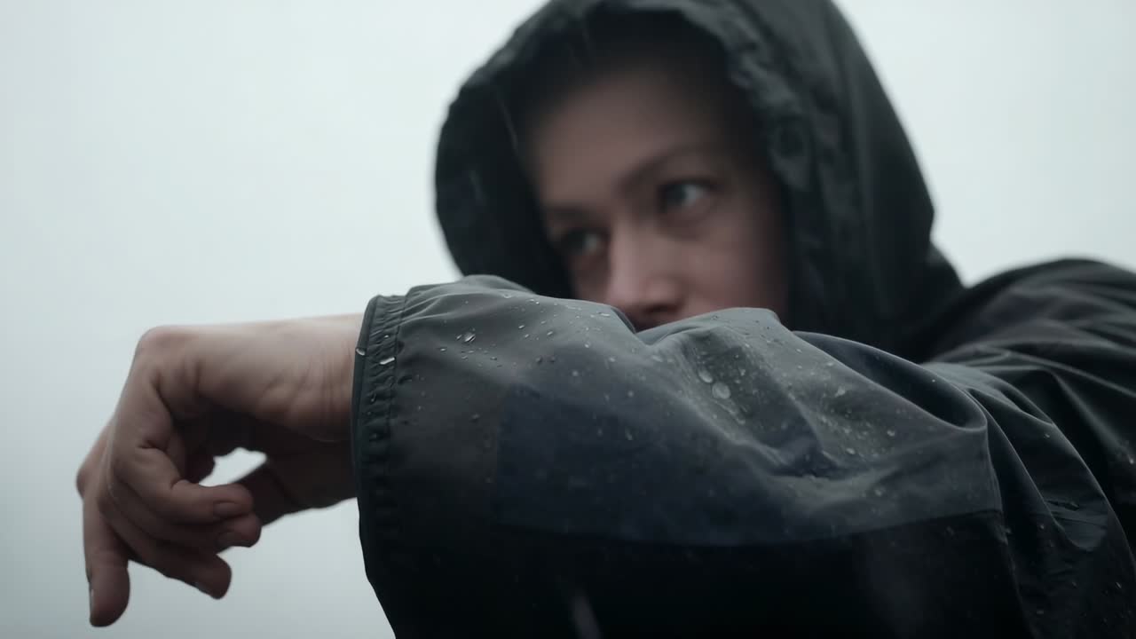 Uomo che si ripara sollevando il braccio sinistro davanti al viso mentre piove all'esterno, giacca scura con cappuccio e goccioline.