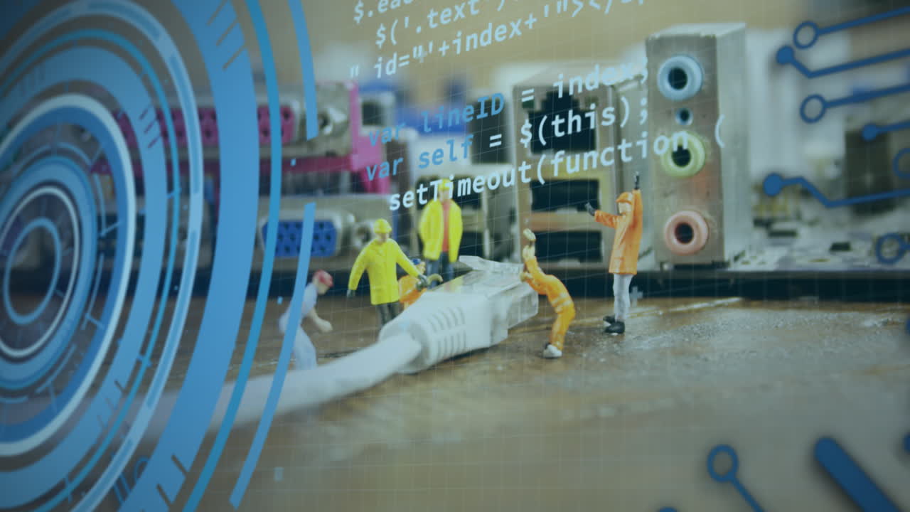 animación del lenguaje de programación y círculos sobre figuras y enchufe eléctrico