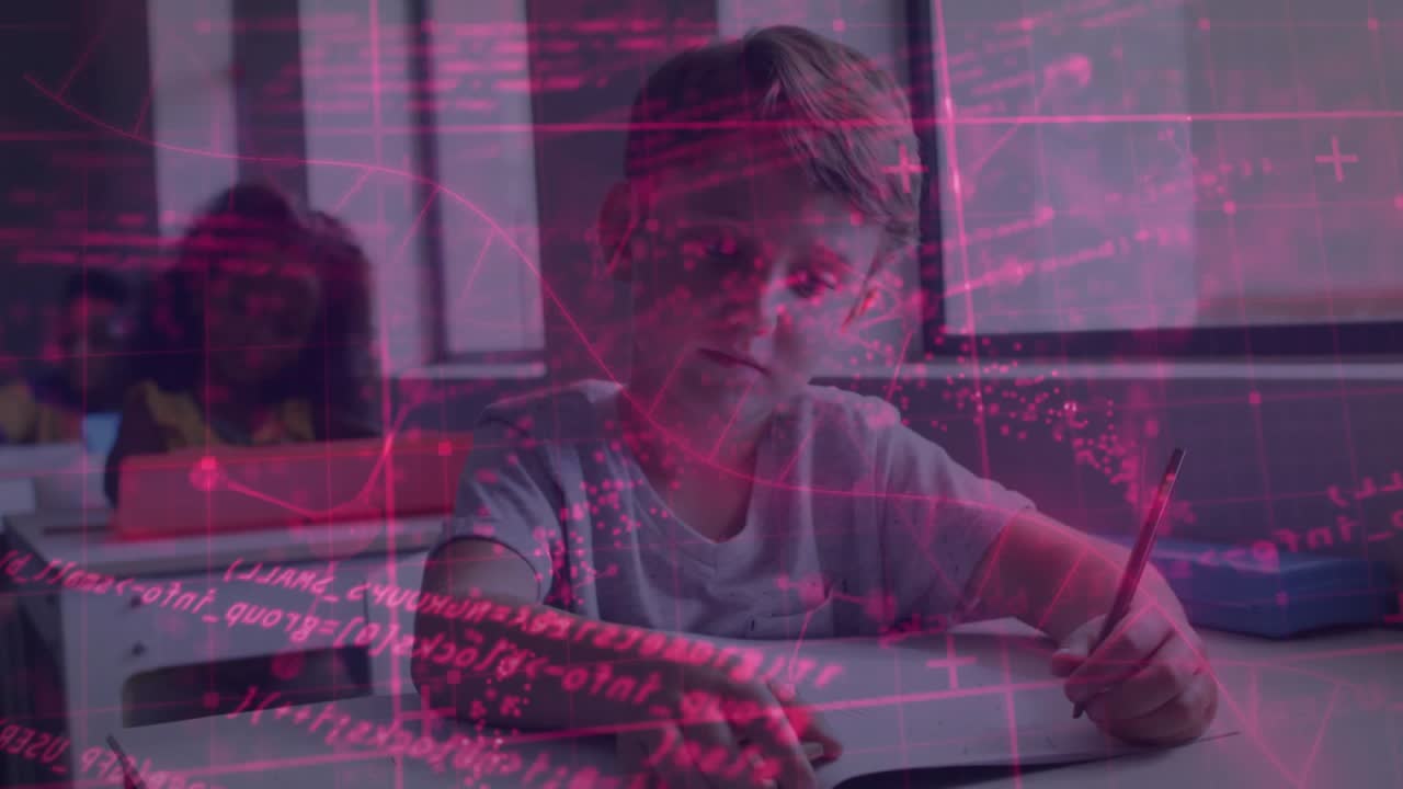 White boy practicing handwriting in classroom notebook, sparking neon red code overlay intensifying