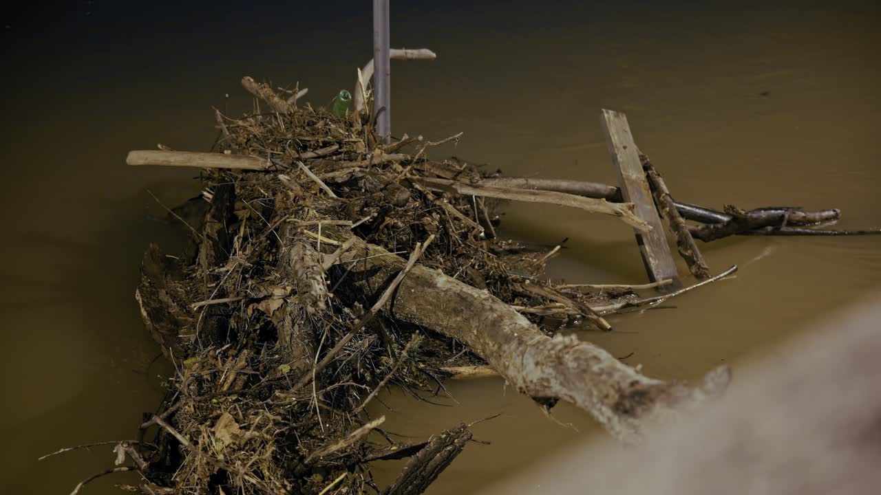 pile of debris and logs caught in floodwaters during the Budapest Flood 2024