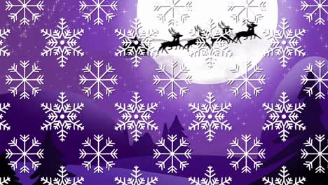 Snowflakes-in-seamless-pattern-against-santa-claus-in-sleigh-being-pulled-by-reindeers-in-night-sky