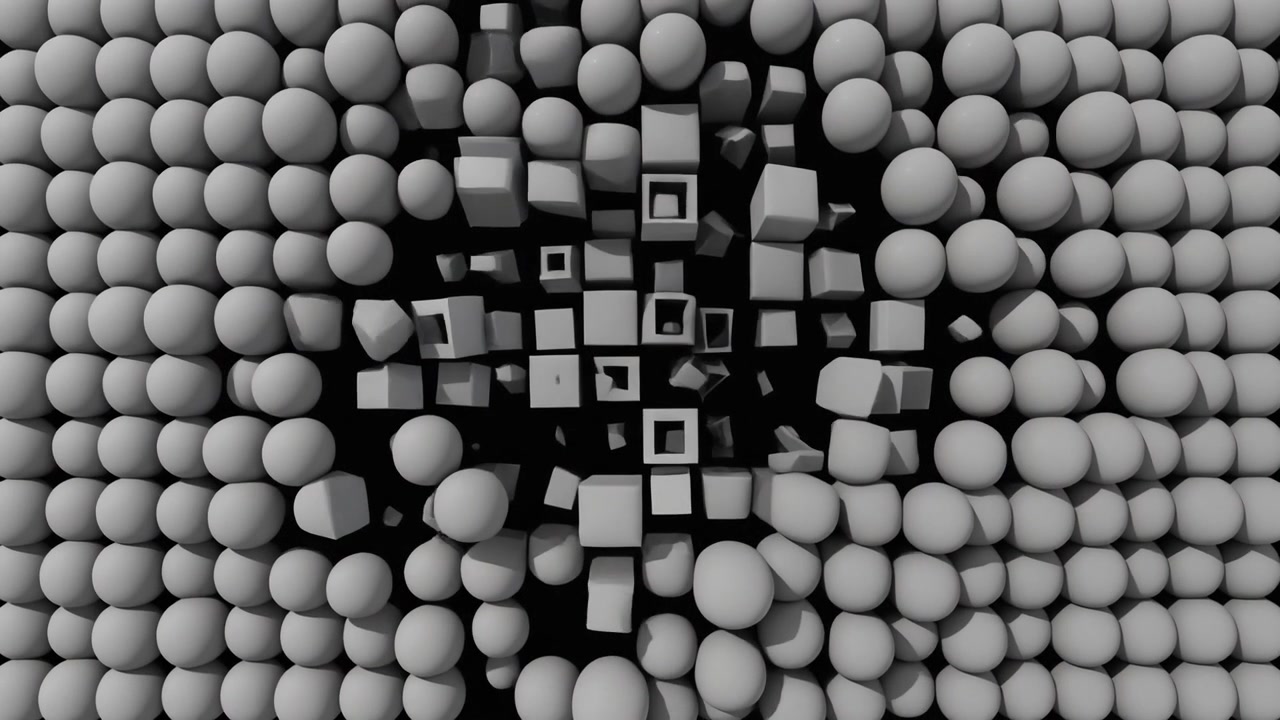 Abstrakt 3D-animation af kugler, der omdannes til geometriske former