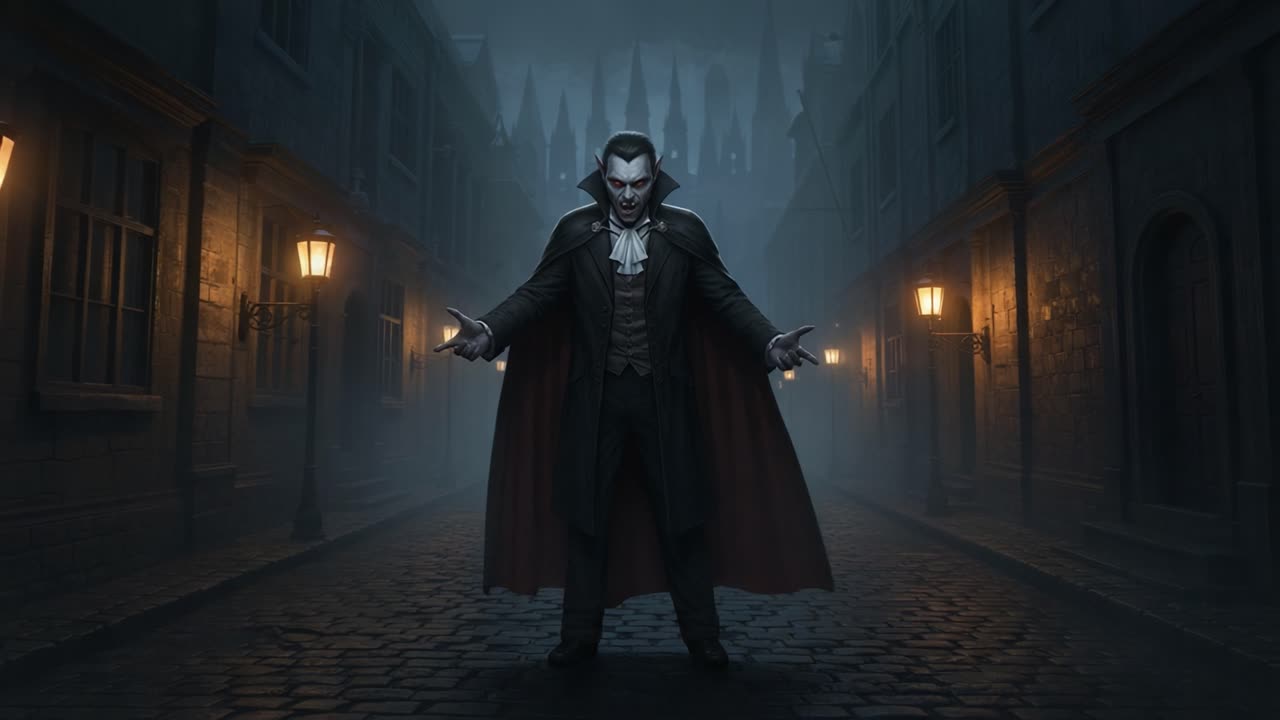A Dark and Mysterious Figure Stands in an Eerie Cobblestone Alley, Surrounded by Flickering Lights and Shadows, Evoking the Timeless Tale of Vampires and Legends