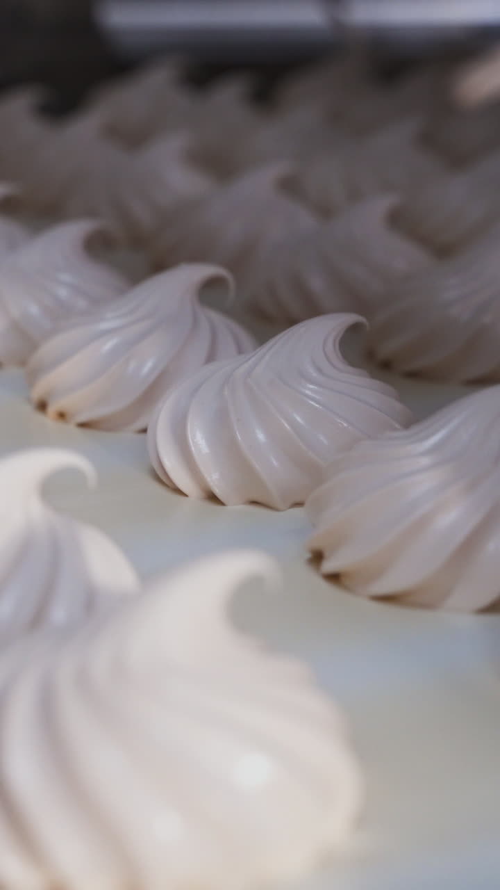 Sweet white swirl marshmallows on a conveyor belt. Production of confectionery products at the factory. Drying process. Vertical video