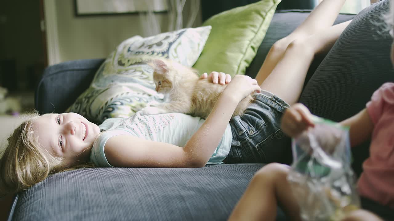 소파에 누워있는 작은 소녀가 새끼 고양이를 들고 미소 짓고 있습니다.