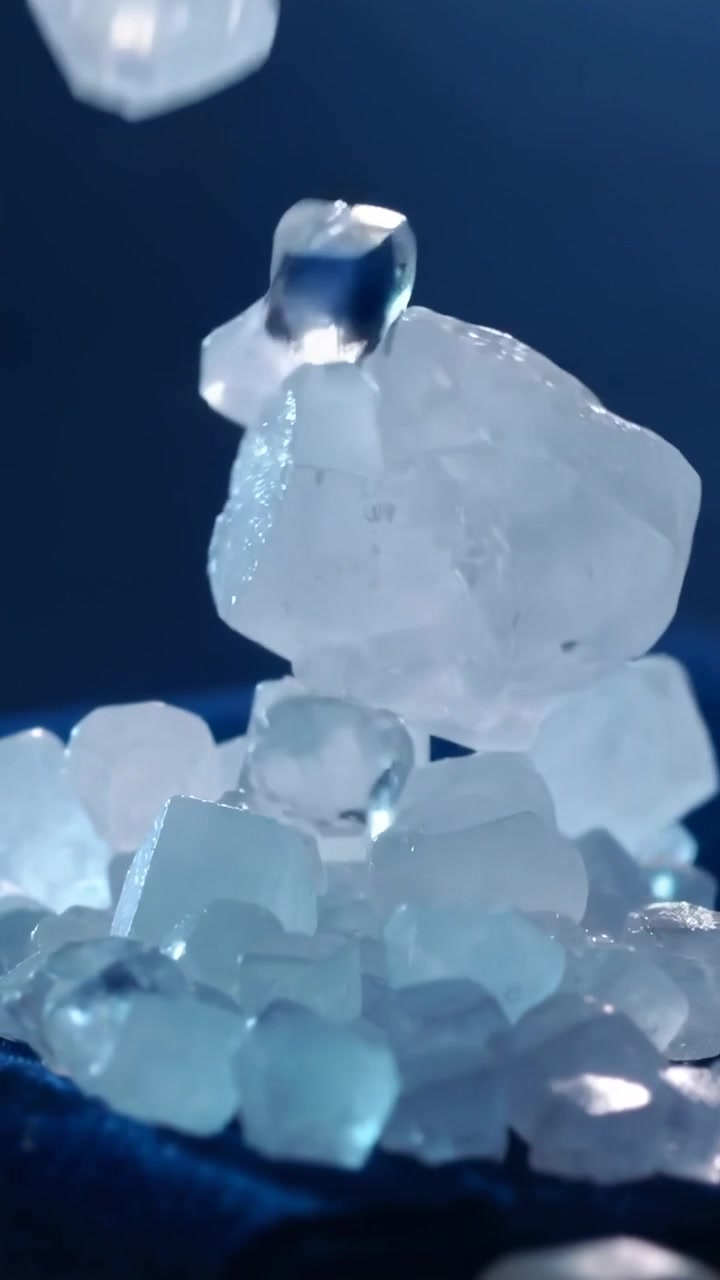 Video verticale: Goccioline che cadono rilasciando un cristallo, colpendo cristalli cubici su un panno blu scuro, rimbalzando.