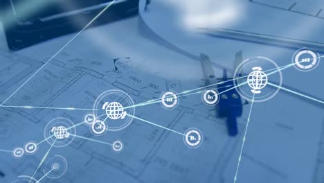 animación de la red de conexiones sobre el plan de construcción en el escritorio