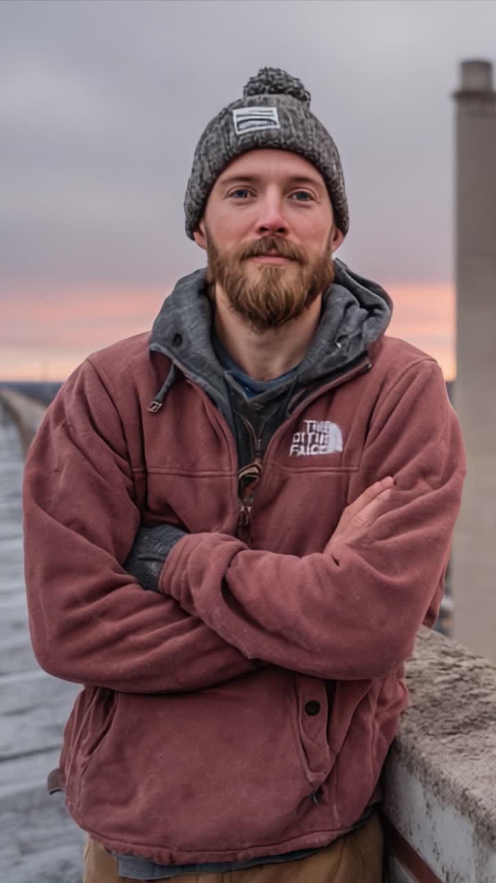 Een Portret van een Zelfverzekerde Outdoorliefhebber op een Dak bij Schemering, met een Casual Stijl en Natuurlijke Schoonheid onder een Kleurrijke Lucht