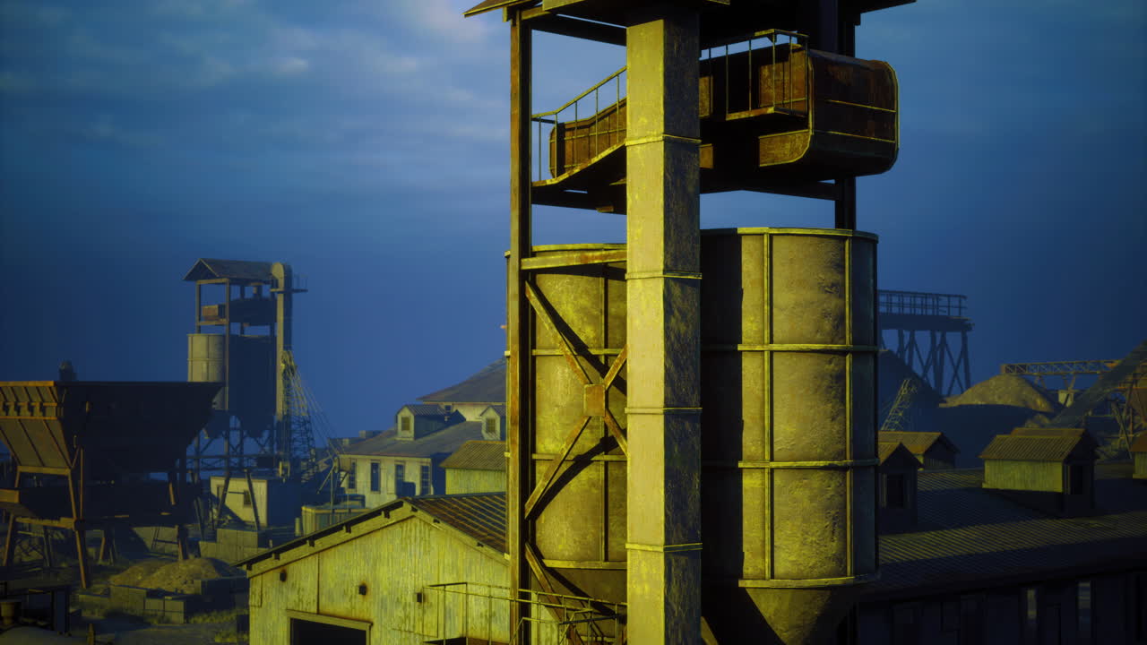 Industrial structures rise under twilight sky in an abandoned town setting