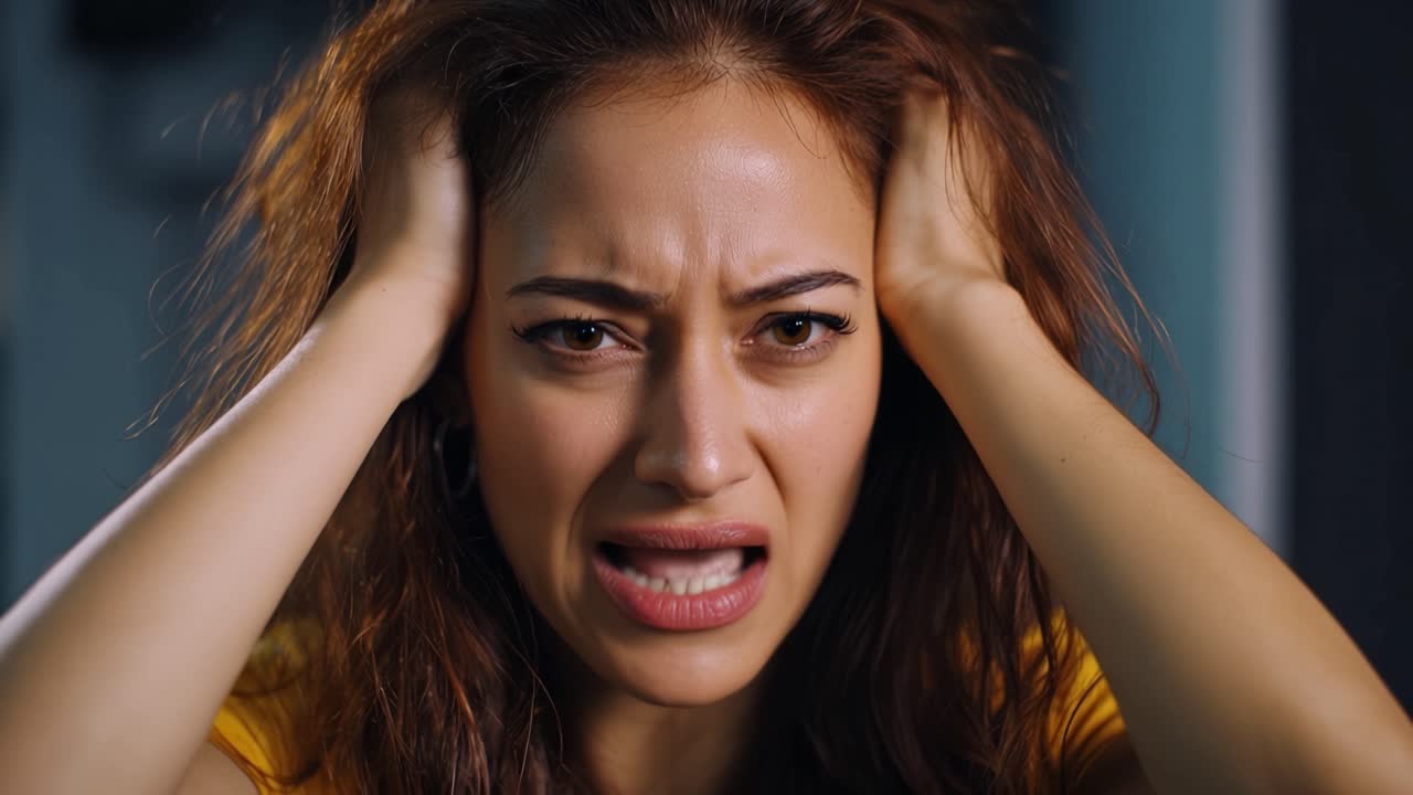 A woman expresses distress and emotional turmoil, showing frustration and anxiety with her hands on her head and a troubled expression on her face