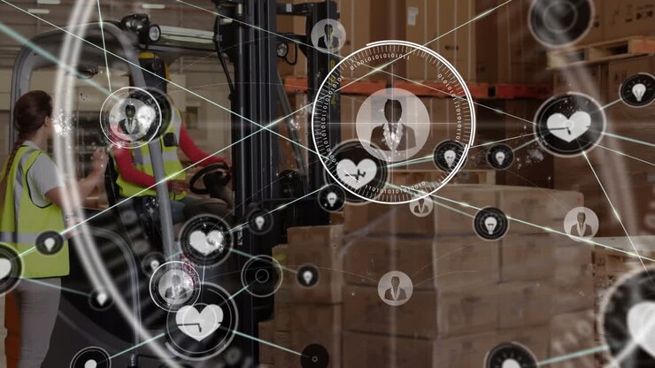 Animazione di una rete di connessioni su una donna e un uomo su un carrello elevatore che lavorano in un magazzino
