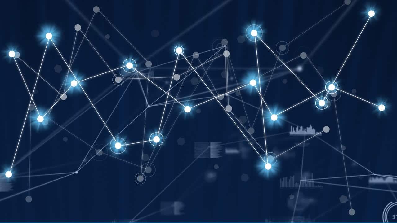 Animation of network of connections with glowing spots and data processing on black background