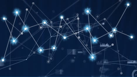 animation of network of connections with glowing spots and data processing on black background