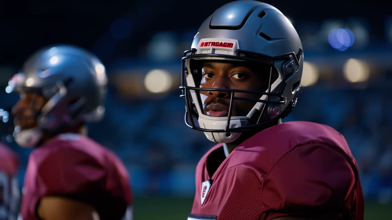 Giocatori di football americano concentrati con i caschi si preparano all'azione sul campo, catturando l'intensità e le dinamiche di un ambiente di gioco competitivo