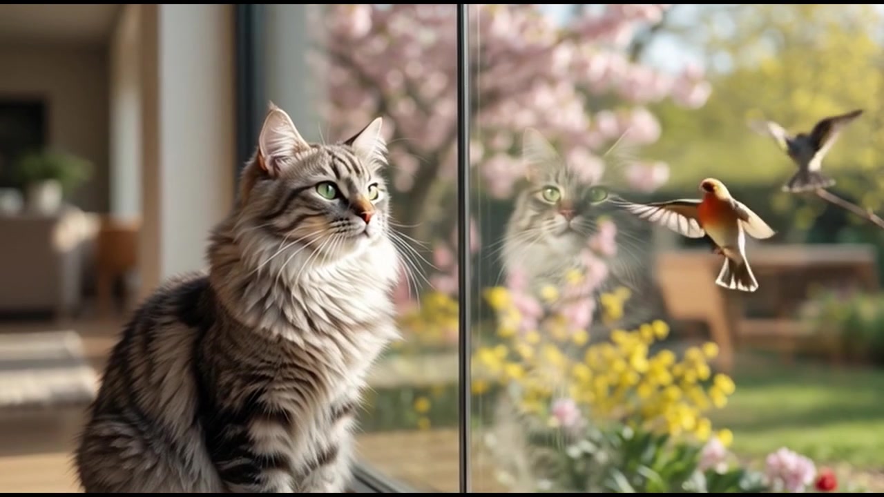 Kucing Tabby Berbulu Halus Mengamati Burung Melalui Jendela di Musim Semi