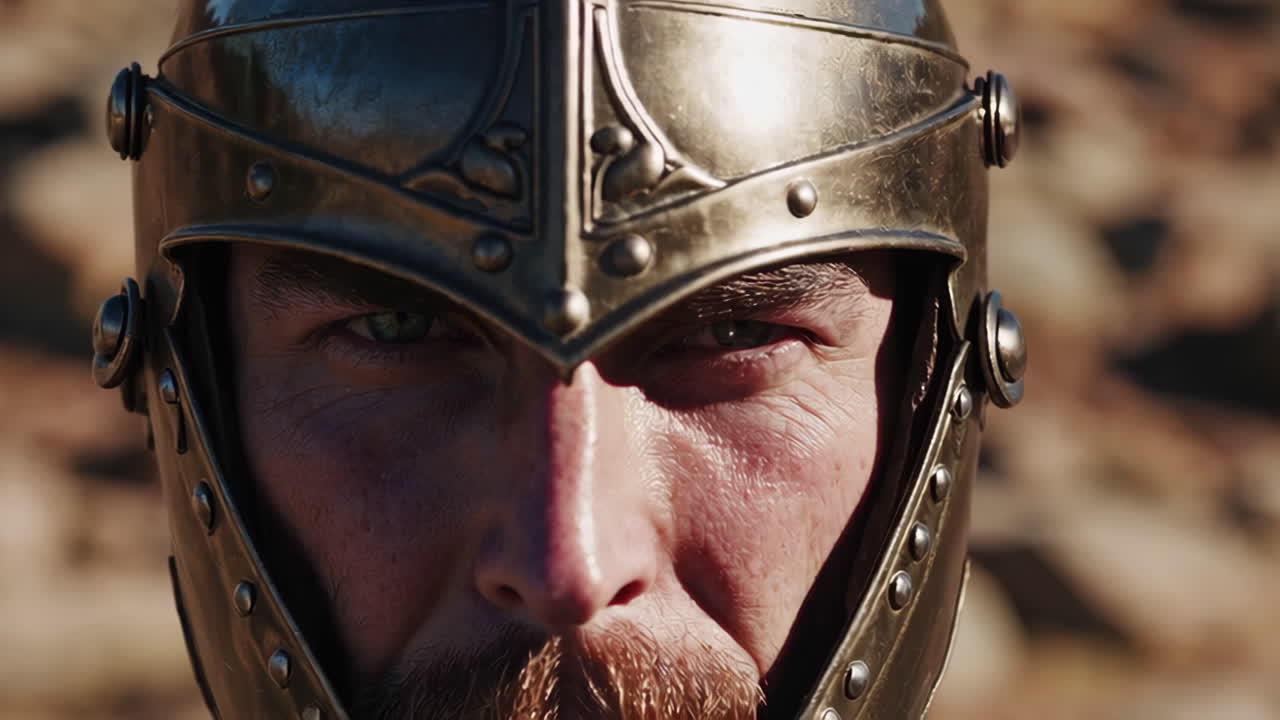Close-up of a Person Wearing a Roman Helmet
