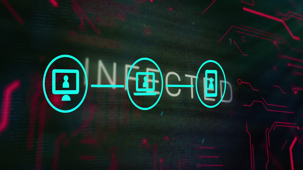 Animation showing digital devices connected with glowing lines over binary code