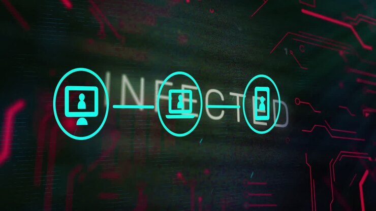Animation showing digital devices connected with glowing lines over binary code