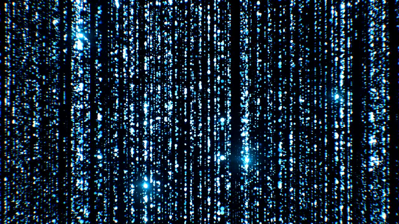 Blue Particles Falling with Flashes Seamless Background. Looped 3d Animation of Abstract Dust Particles Forming Lines Flashing Bright.
