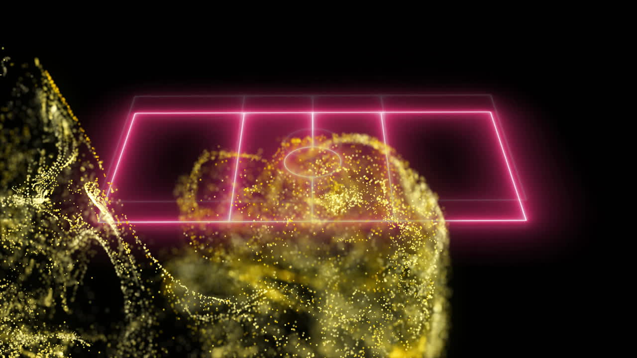 Golden particles forming abstract shape with neon grid animation over black background