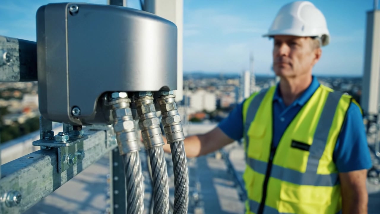 Panoramica dell'installazione di attrezzature high-tech su un tetto, con connettori e un professionista del settore con equipaggiamento di sicurezza che effettua regolazioni in un ambiente urbano.