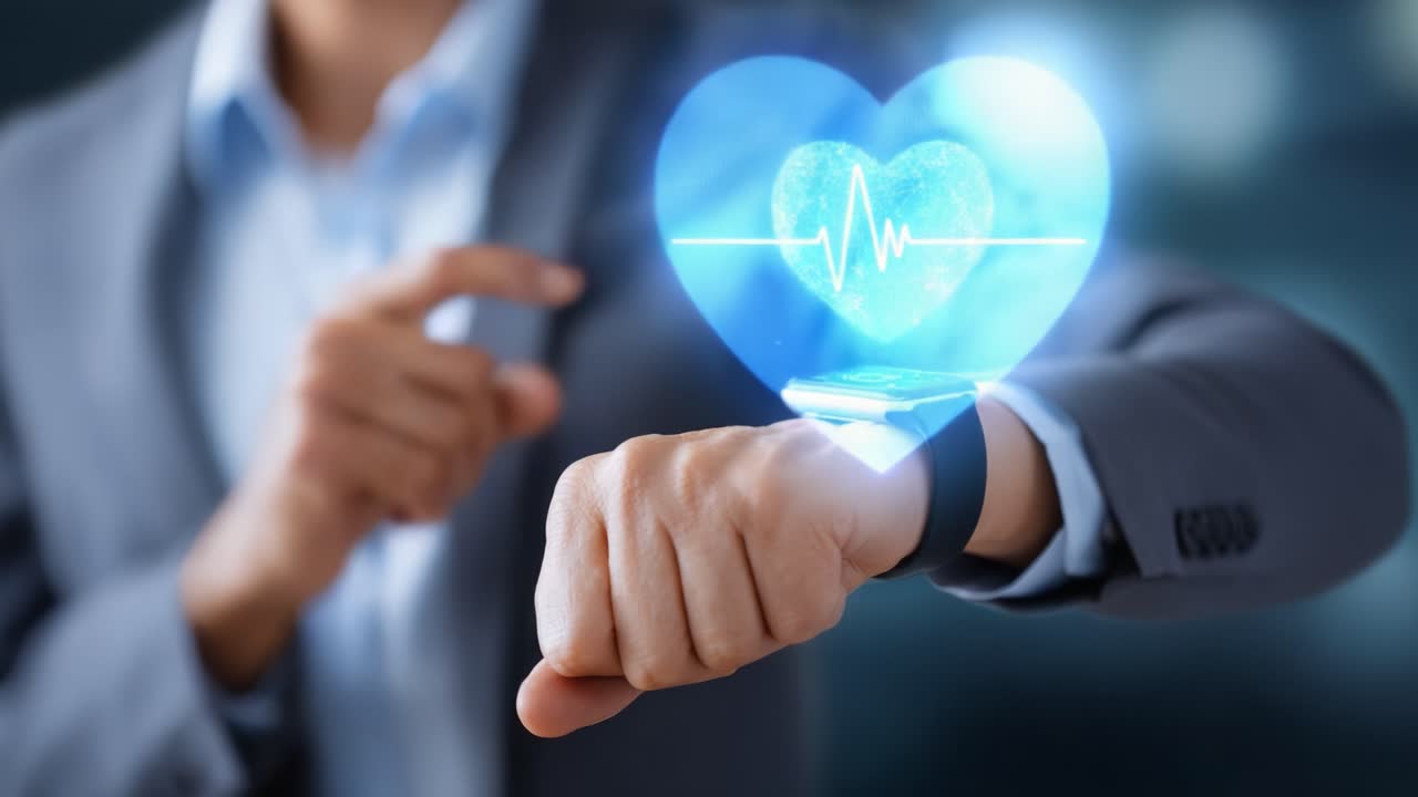 Innovative Health Monitoring: A Professional Demonstrates Advanced Wearable Technology with a Focus on Heart Rate Tracking and Health Insights Through a Digital Interface