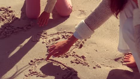 mother and daughter writing on sand