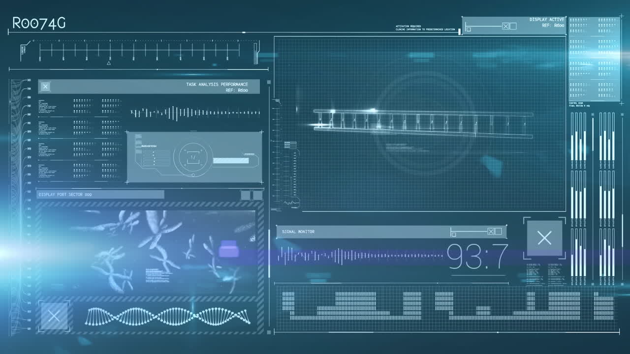 Animation of digital medical data processing over screen on blue background