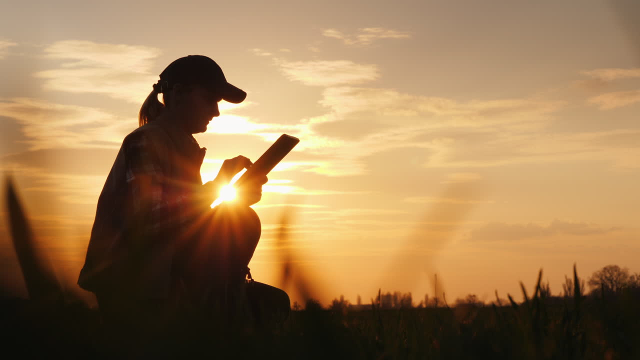 Young Woman Farmer Studying The Seedlings Of A Plant In A Field Using A Tablet