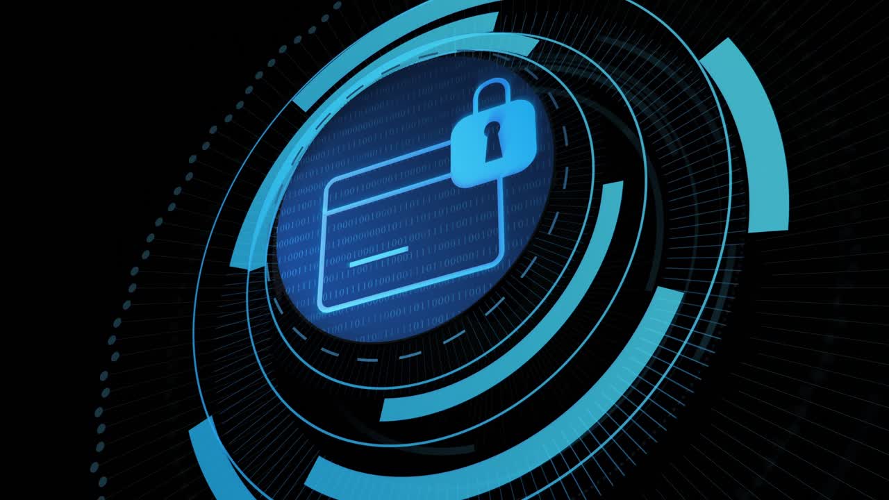 animación de la tarjeta y el candado digital en el círculo de procesamiento sobre fondo negro