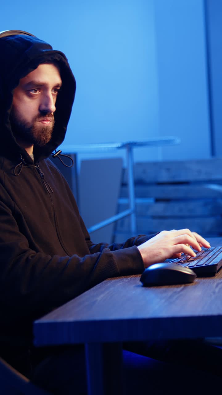 Vertical video Hacker listening music while hiding in underground bunker and coding