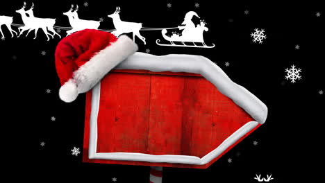 animation of christmas tag with santa hat and sleigh on black background