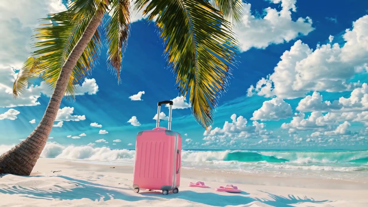 Scena di spiaggia tropicale con valigia rosa, palma e onde dell'oceano