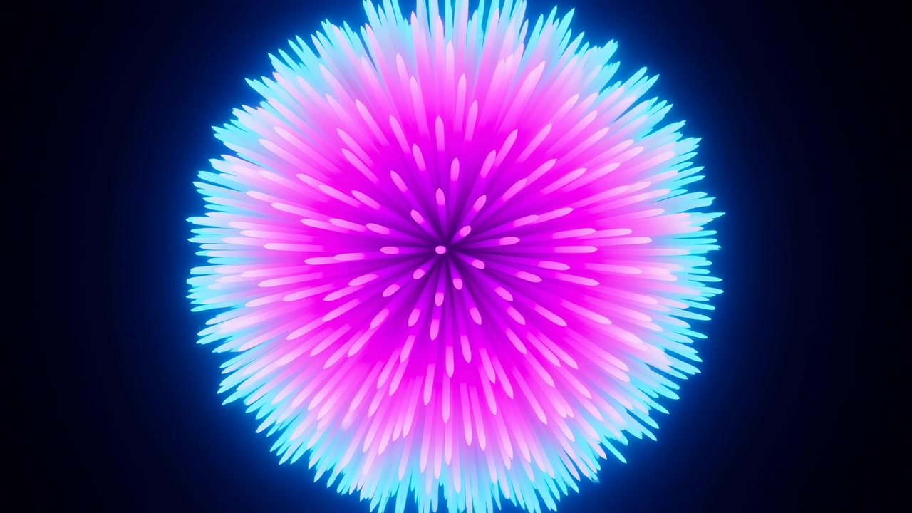 Centreret lysende udbrud vokser støt større mod en dyb marineblå baggrund, mens tætte tilspidsede magenta stråler og cyan ydre spidser skaber cirkulær symmetri, levende glød og stabil udvidelse.