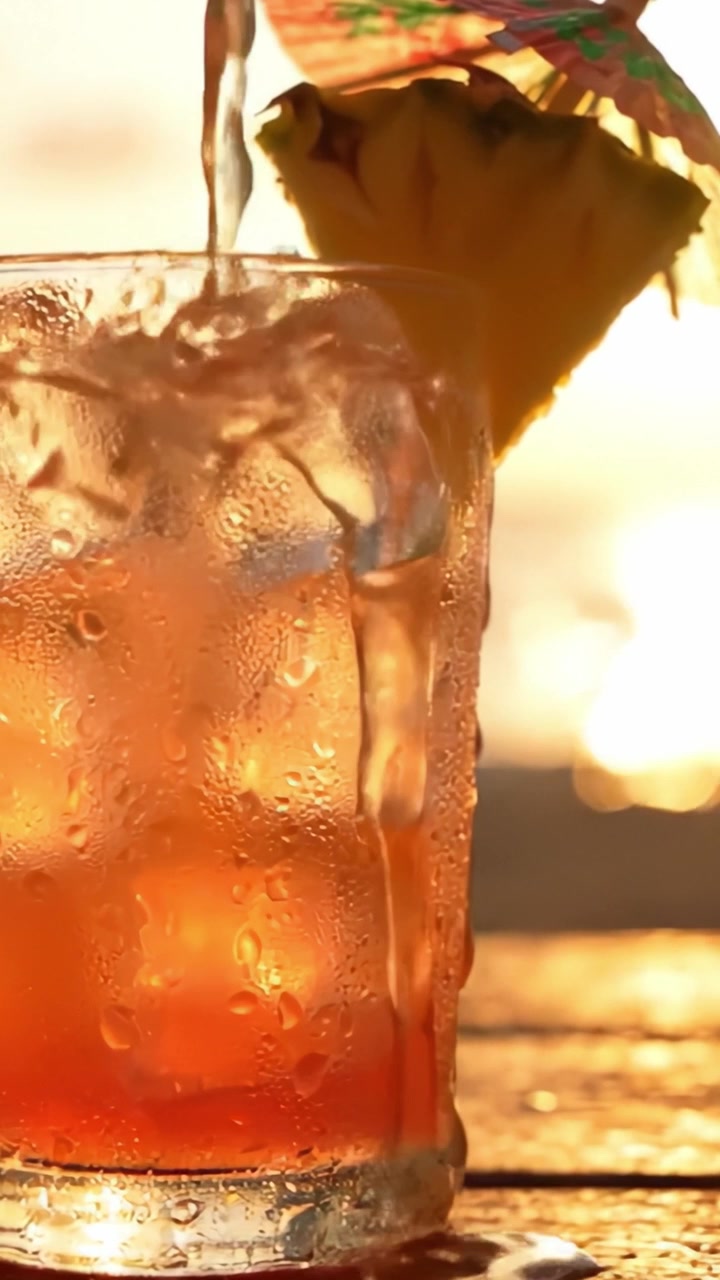 A Refreshing Tropical Cocktail Glimmering in the Sunset, Perfectly Served in a Cold Glass with Ice, Garnished with a Pineapple Slice and Umbrella, Enjoyed by the Shoreline