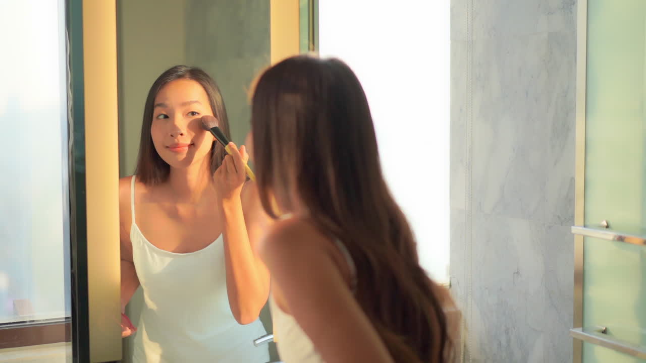 Mourning Bathroom Routine of Young Asian Woman, Makeup and Skincare Concept, Slow Motion
