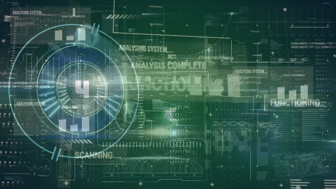 Animation of data processing with scope scanning on black background