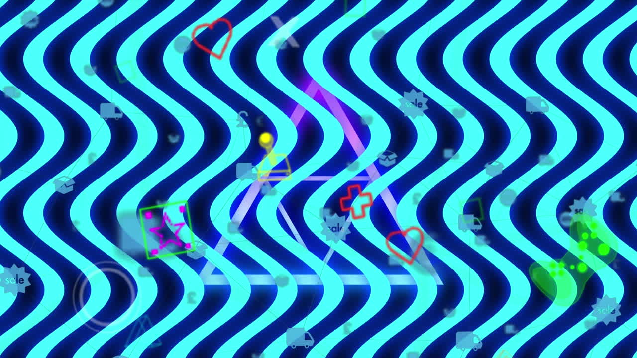 네온 삼각형 위에 파란 선과 게임 아이콘의 애니메이션