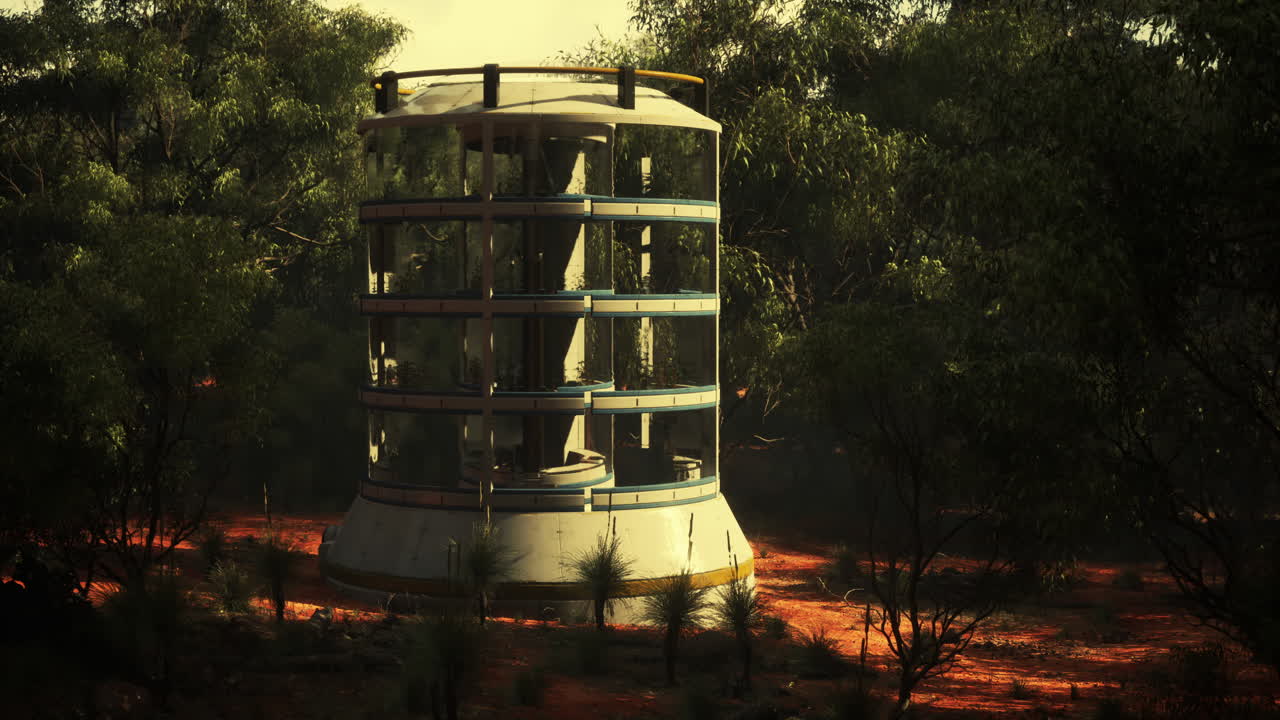 torre futurista en un bosque