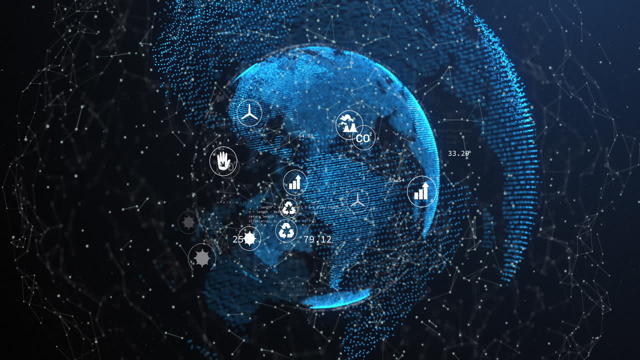 Animation of network of connections with eco icons over globe